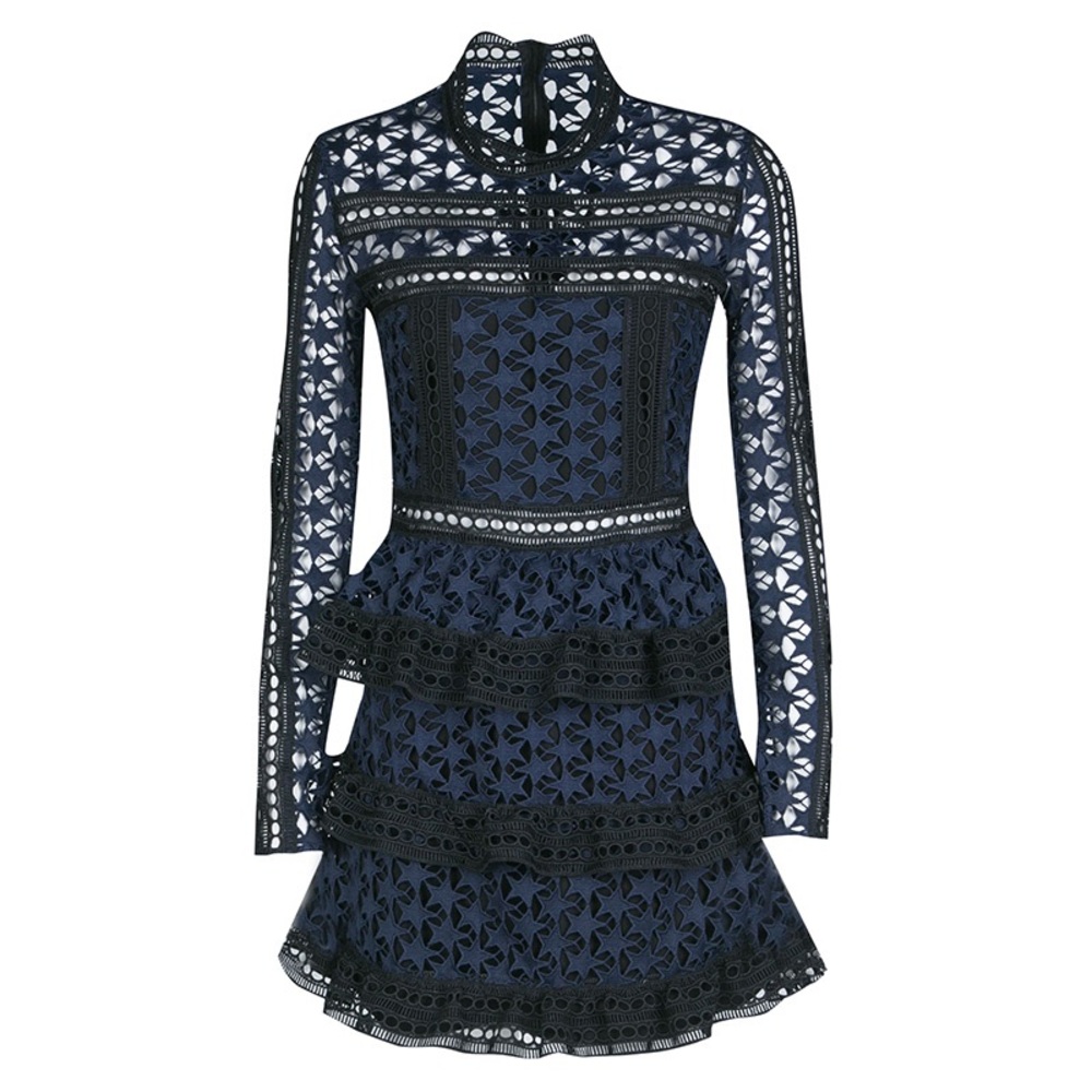 Self-Portrait Navy and Black Lace Tiered Mini Dress